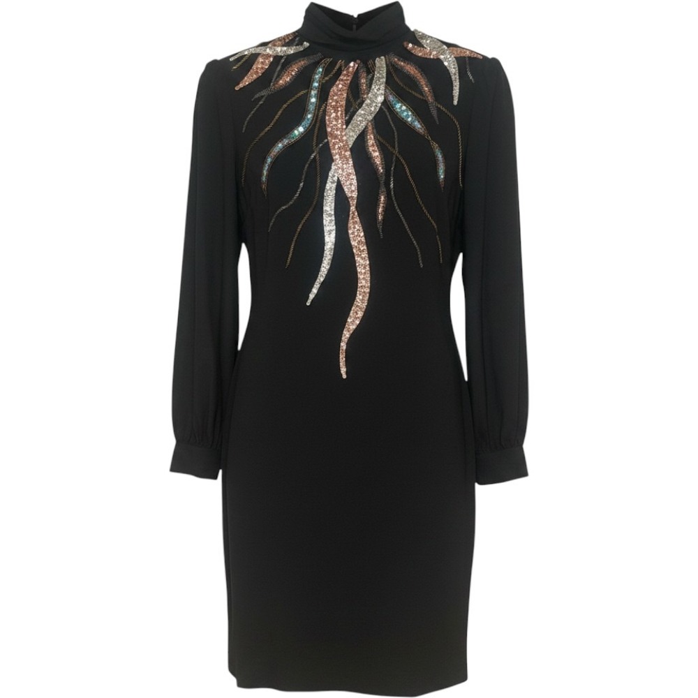 Vintage Silk Dress Sequins Beads Argenti  Black 100% Silk Mock Neck Size 6